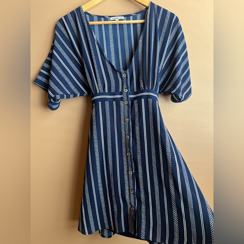 Charlotte Russe Blue & White Vertically Striped Button-Up Dress W/ Waist Tie. S.